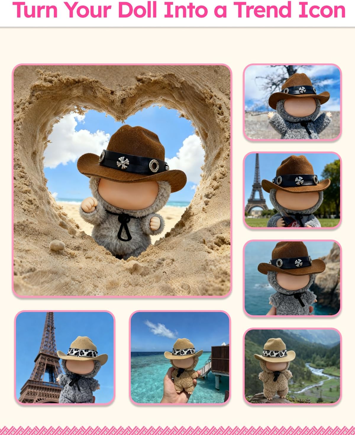 2Pcs Mini Cowboy Hats for Labubu The Monster Macaron & Big Into Energy Series, Handmade Western Style Doll Hats, Miniature Accessory for Labubu Outfits & Decoration