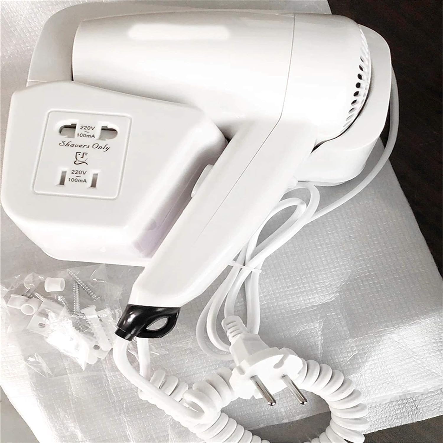 SQUADO Asciugacapelli Da Parete, Phono da Parete Muro con Presa di Corrente Per Bagno Albergo Hotel Spogliatoio Da 1300W BIANCO