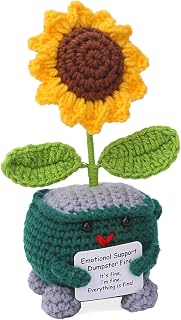Positive Crochet Sunflower on Emotional Support Dumpster Fire Doll, Handmade Appreciation Gifts for Coworker Best Friend Teacher Sister Christmas Birthday Thank You Gift for Women Men