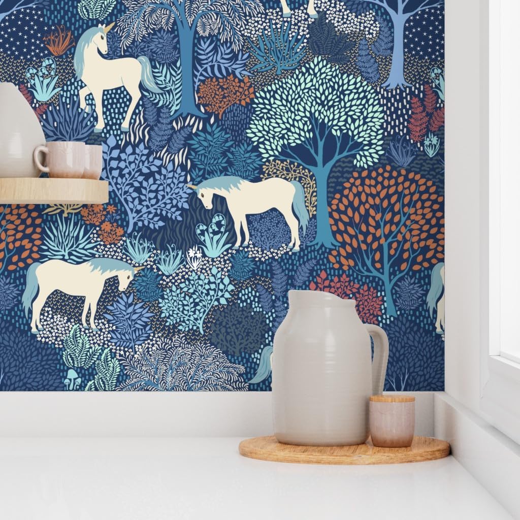 Peel & Stick Wallpaper Swatch - Unicorn Magic Woodland Fairy Tale Blue Cream Large Scale Fantasy Custom Removable Wallpaper by Spoonflower