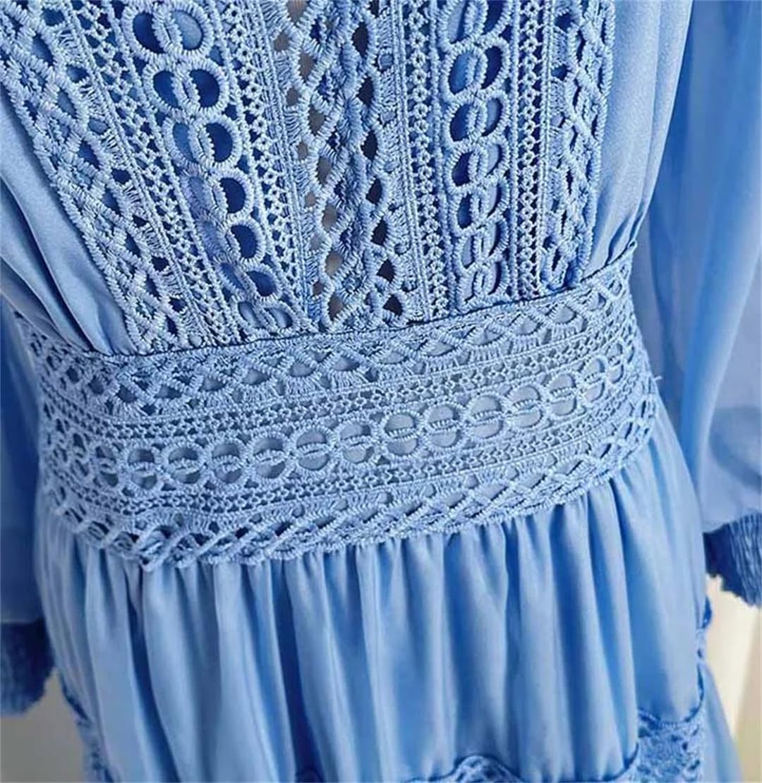 Womens V-Neck Solid Maxi Dress Lace Patchwork Hollow Out Beach Long Sleeve Dress