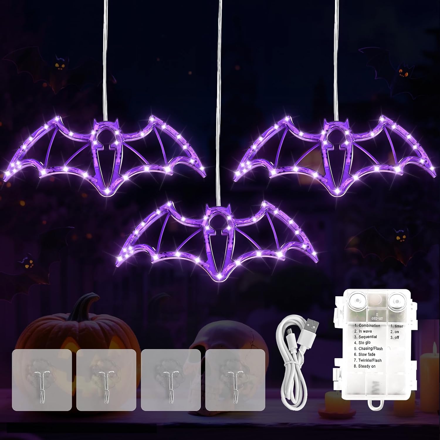 Hopolon Halloween Window Lights Purple Bat with Timer, 36LED USB & Battery | 2FT Halloween String Lights, 8 Modes Halloween Decorations Lights IP44 Waterproof, 4 Hooks for Window, Party, Holiday Decor