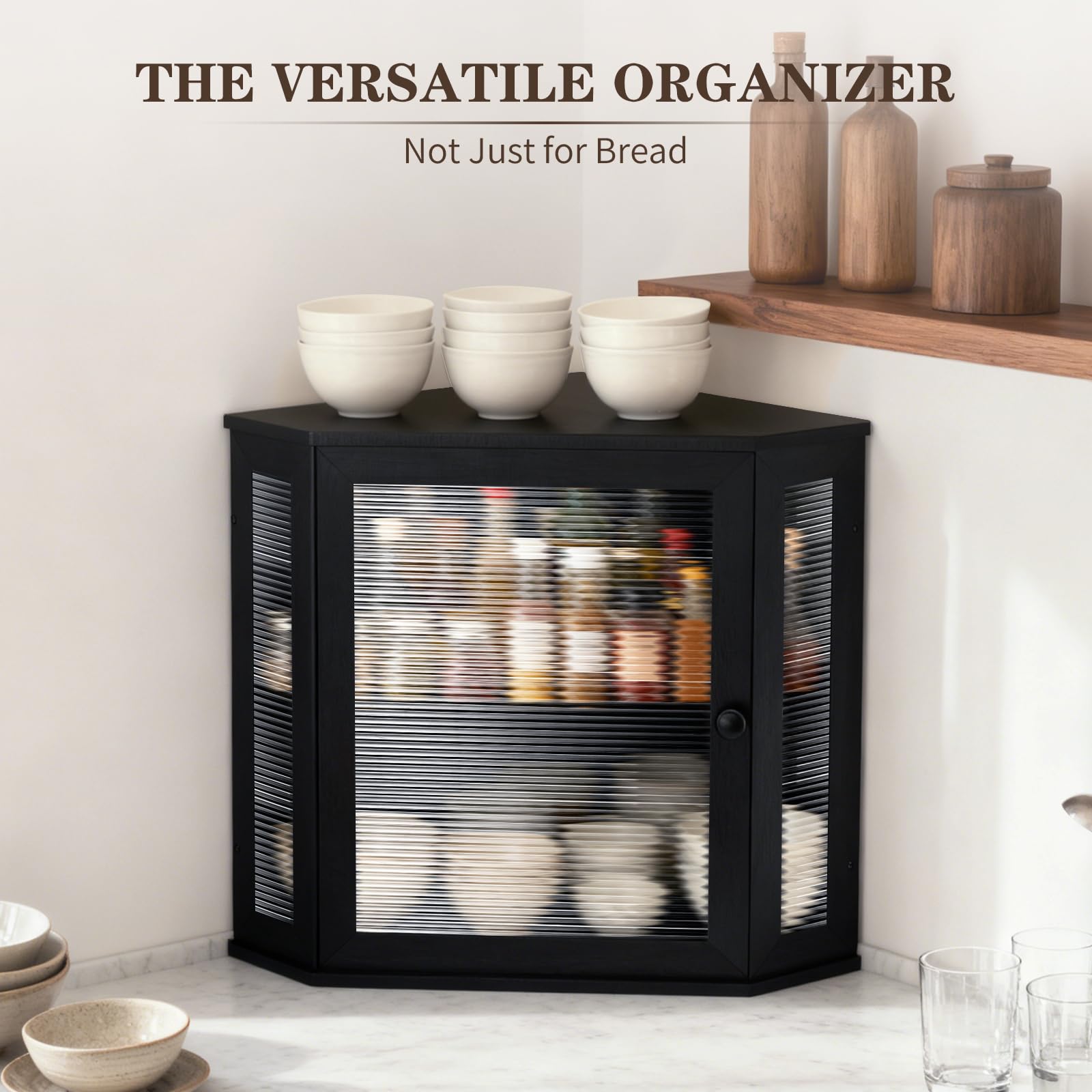 Panera esquinera extra grande – Panera de bambú para encimeras de cocina, almacenamiento y organizador de pan de cocina de gran capacidad con ventana ondulada acrílica corrugada (negro)