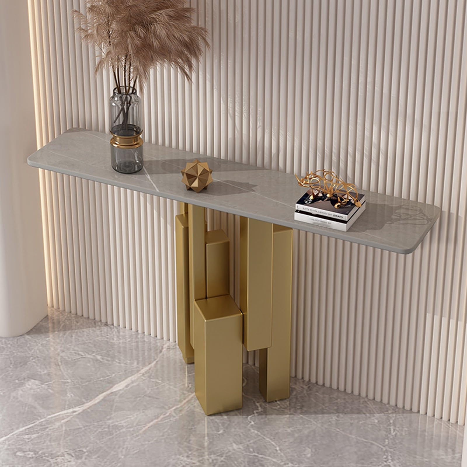 MESCXTY Sintered Stone Console Table, Decorative Entryway Sofa Table with Staggered Column Metal Frame Contemporary,Creative Alloy Leg,for Living Room, Hallway, Foyer(Gray+Gold,59in)