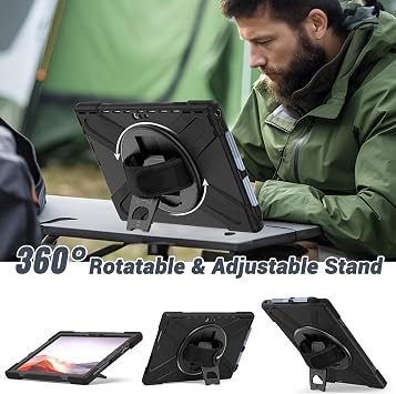 DreamerX for Microsoft Surface Pro 7+ Plus/Pro 7/6/5/4 12.3 inch Case, Full Body Heavy Duty Rugged Silicone Drop Protective Cover with 360 Rotate Stand Handle Hand Strap Carrying Shoulder Strap, Black