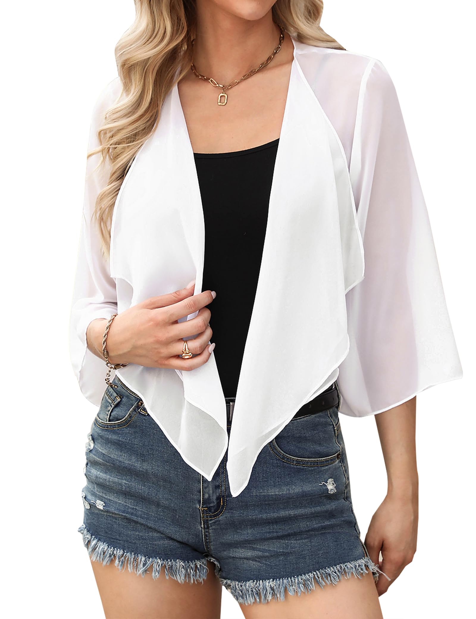 Aottori Bolero Damen Chiffon mit 3/4 Ärmel Elegant Sommer | Bolerojacke, Transparent, Cardigan Kurz, Schulterjacke, Shrug, Bettjäckchen, Festlich, Hochzeit, Alltag Freizeit