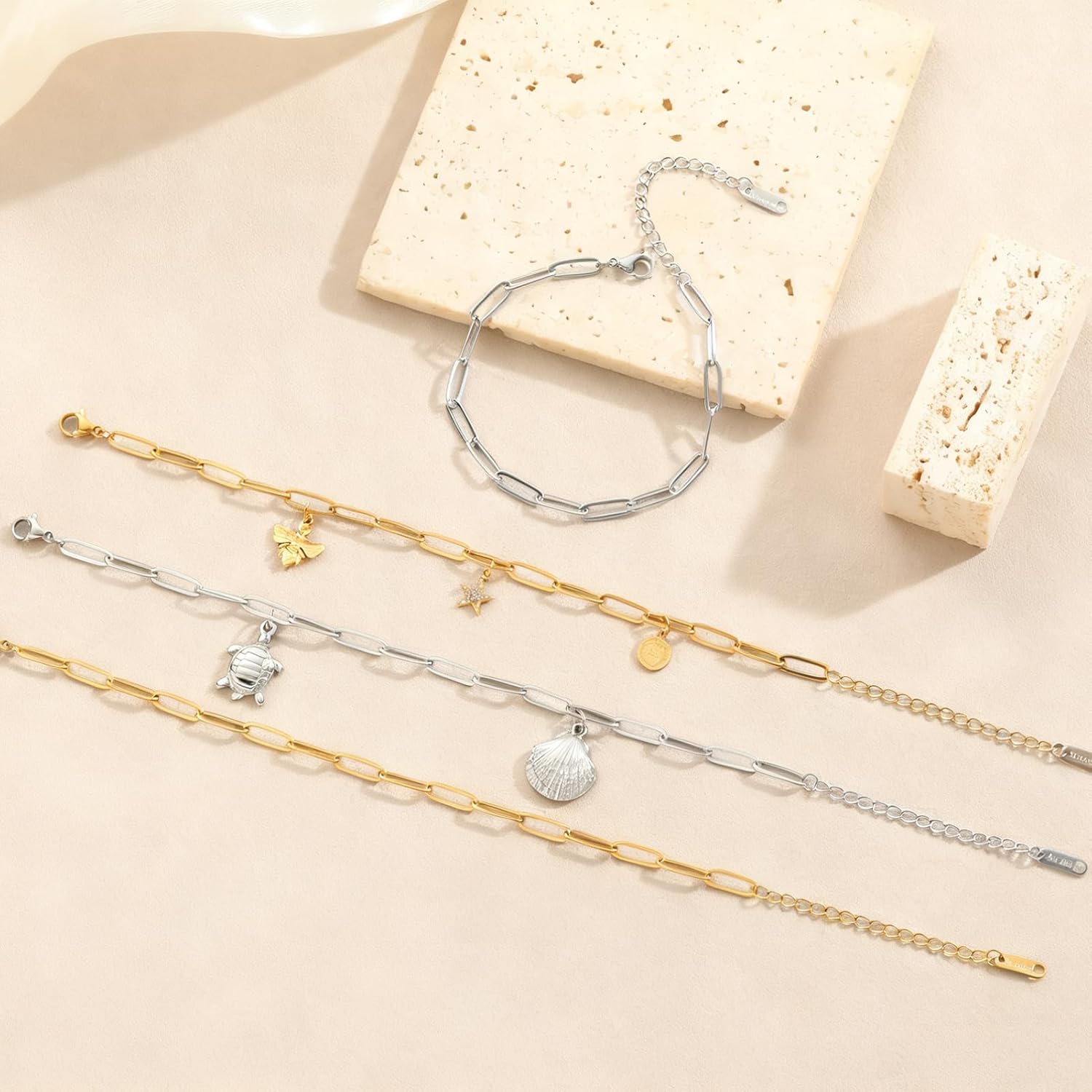 Swyabi 10 PCS Paperclip Chain Bracelet Kit 6.5 Inch Stainless Steel Charm Bulk Bracelets with Extender for DIY Jewelry Making (Gold + Steel） - Image 5