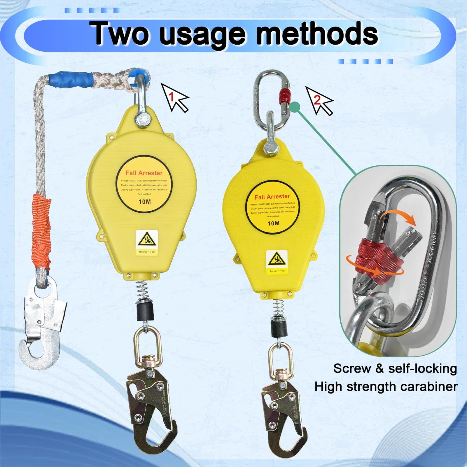 Dispositivo Anticaduta Retrattile Certificato, 10m Imbracatura di Sicurezza Anticaduta Tetto con Moschettone, 150kg Dispositivo Sicurezza Anticaduta Tetto/Lavoro Aereo (Giallo)