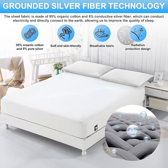 Grounding Fitted Sheet, Earthing Sheets King Size with 15ft UK Cord, Grounding Bed Sheet with 5% Silver Fiber & 95% Organic Cotton for Improving Sleep, Better Working (150x200cm)