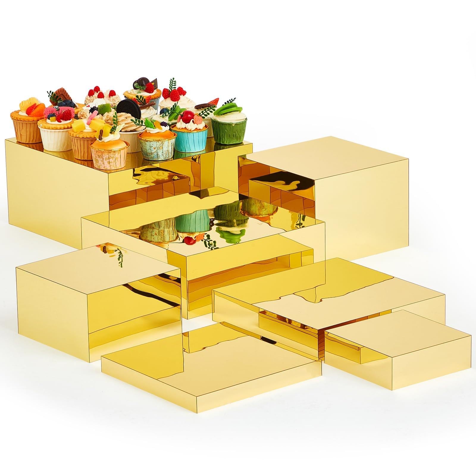 HEYOUTH Set de 7 elevadores grandes para buffet (15-30 cm) de acrílico – Cajas expositoras cuadradas con fondo hueco para mesas de postres, presentación de alimentos y suministros de catering (Gold)