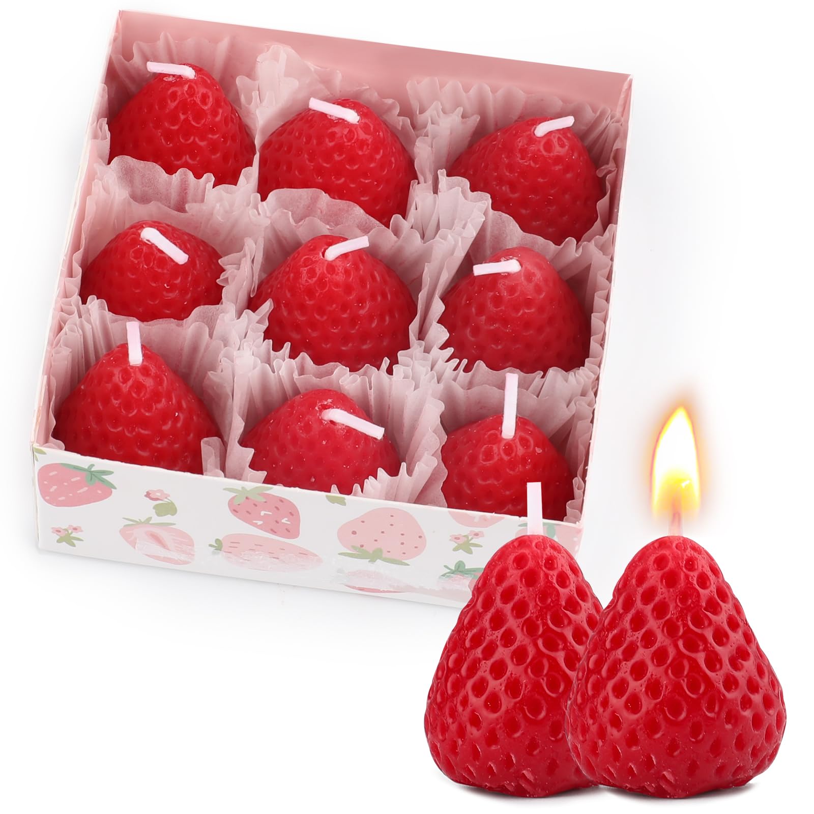9 velas perfumadas en forma de fresa, mini vela de cera de soja, velas decorativas de cera aromática de frutas, velas realistas de fresa para decoración de dormitorio, baño, fiestas, accesorios de