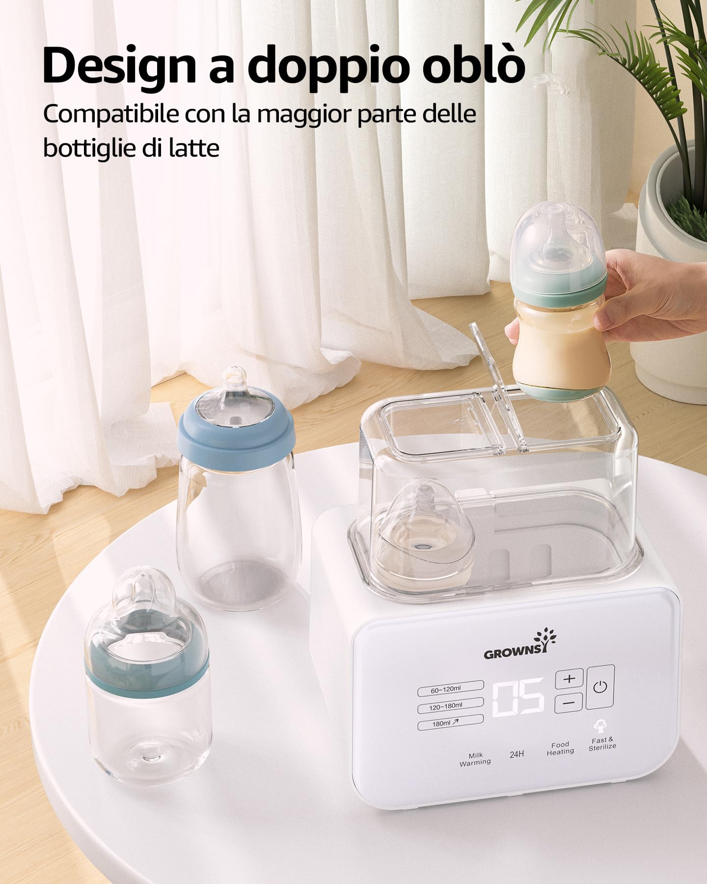 Grownsy Scaldabiberon, Sterilizzatore per Biberon 9 in 1 Fast Riscaldamento e Sbrinamento, Timer, Rapido Controllo Della Temperatura, Senza BPA, con Display LCD, Doppio Scaldabiberon