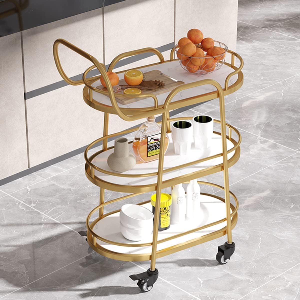 Amazon｜車輪付きダイニング サービング カート キッチン収納トロリー 家庭用バーカート、 ワインとクラフトビール用の3段ドリンクトロリー