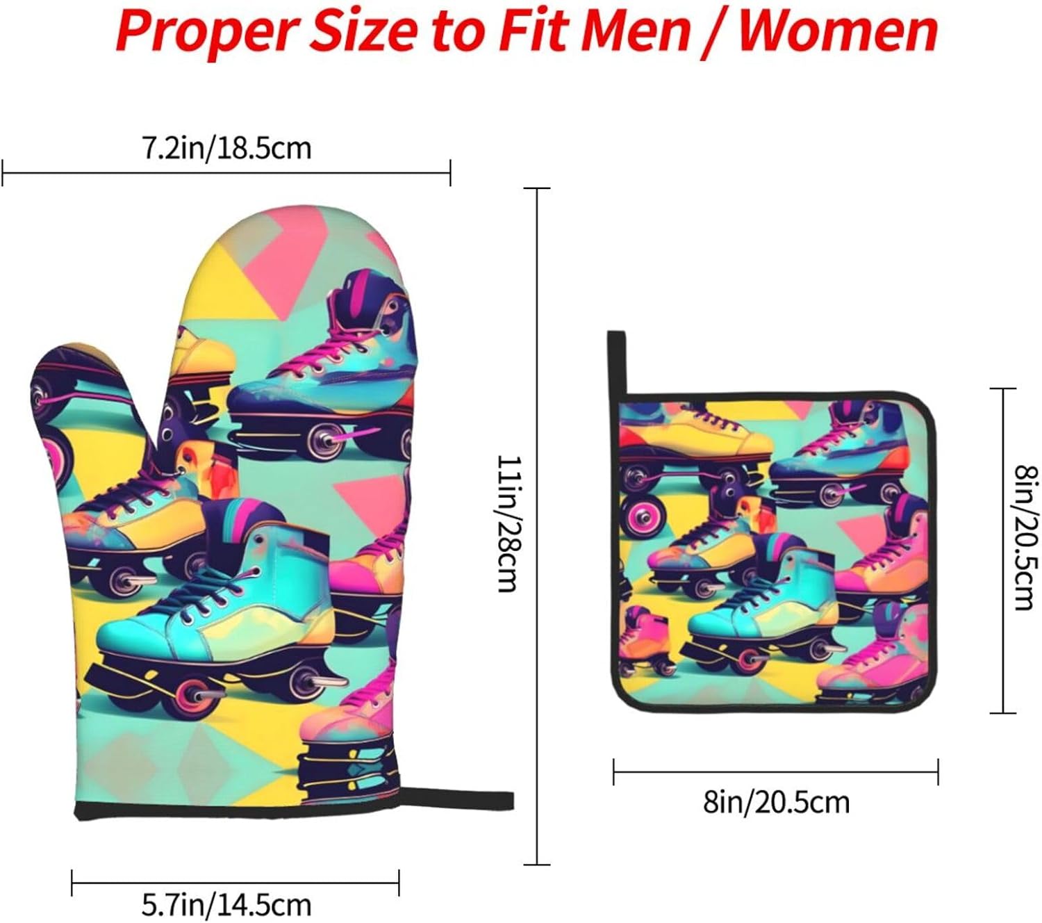 Retro Roller Skates Colorful Print Heat Resistant Microwave Gloves, Used for Baking, Cooking, and Fashion Kitchen Essentials