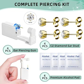 Nunpag 12 Pcs Ear Piercing Kit Disposable Ear Piercing Gun Kit with 4 Pcs 6 Prong Setting Cubic Zirconia Earrings Stud 316L Stainless Steel Easy to Use at Home Self Ear Piercer Gun Kit Tool