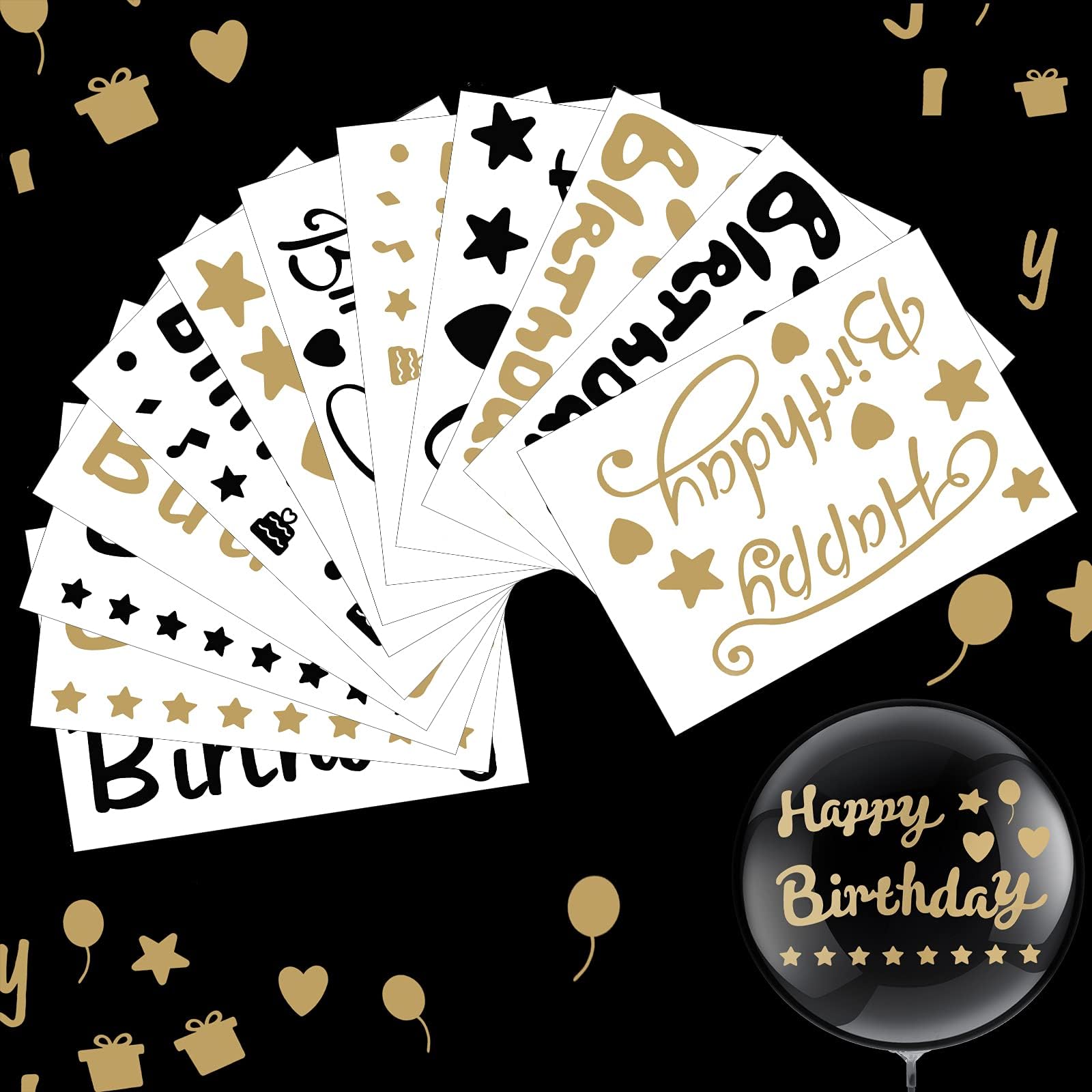 Outus 12 Pcs Balloon Sticker Party PVC Letter Stickers Bobo Balloon Decals Birthday Paster for DIY Mother's Day Wedding Party Decoration Supplies(Black Gold,Happy Birthday)