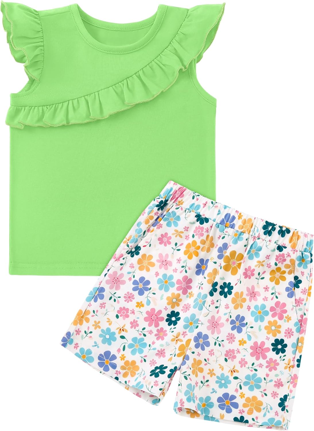DISAUR Girls Summer Clothes 2 Piece Outfits Ruffle Sleeveless Top and Floral Shorts with Pockets Girls Clothing Sets 4-8Y