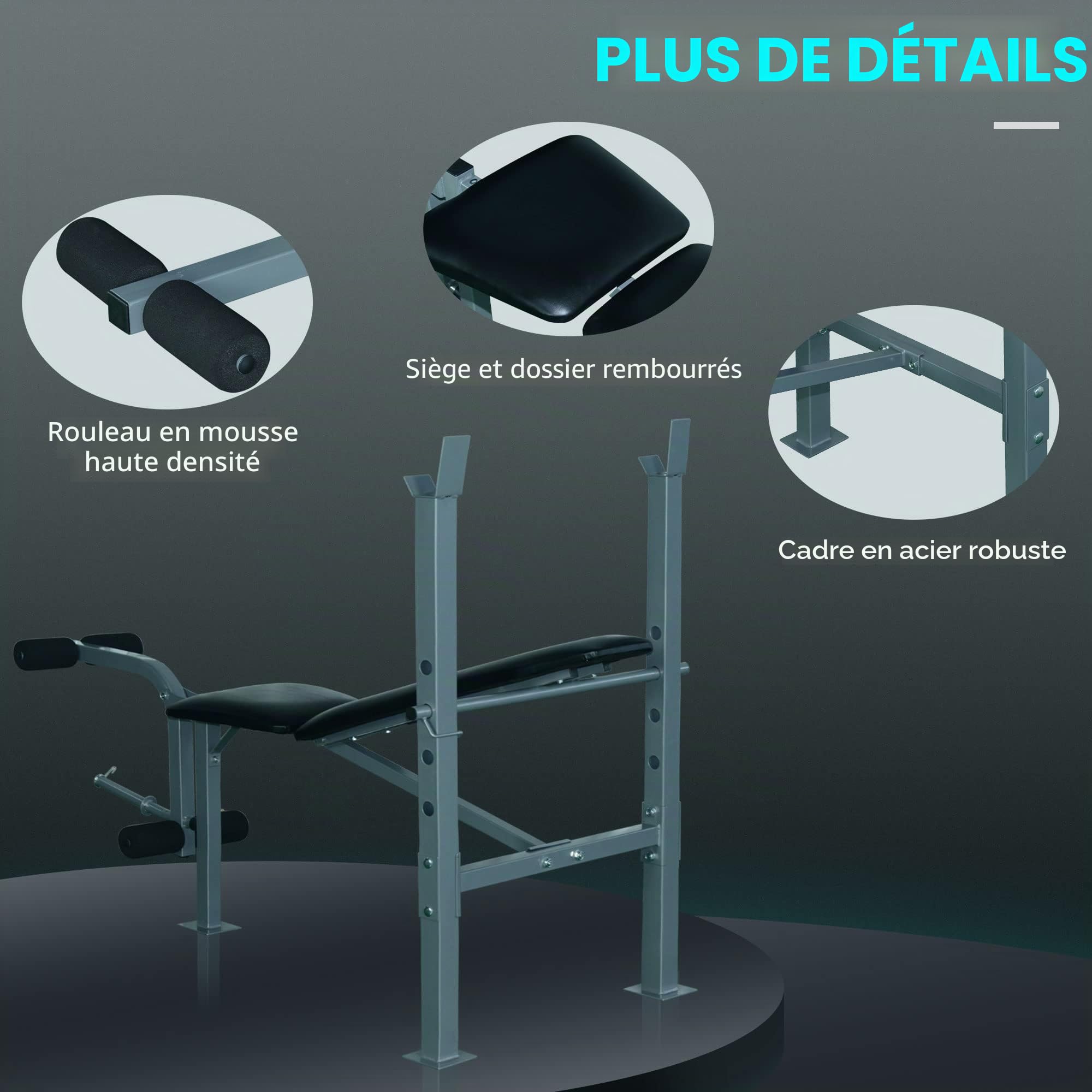 HOMCOM Banc de musculation Fitness banc d'haltérophilie entrainement complet dossier réglable curler