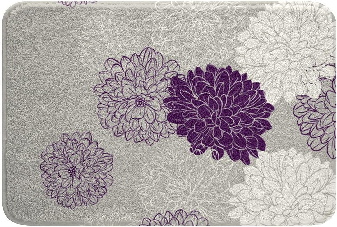Modern Plush Floral Rug - Purple Gray Shaggy Microfiber Bath Mat Non-Slip Soft Absorbent Machine Washable 17x30