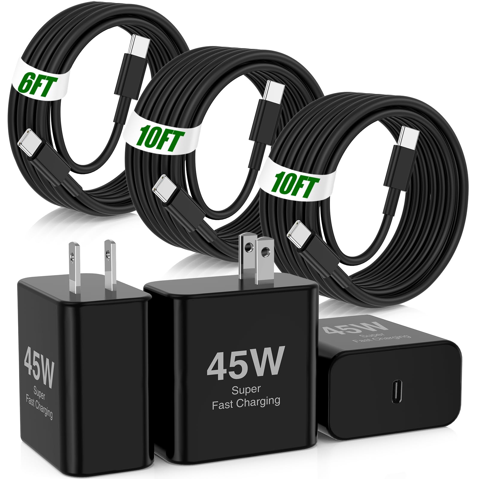 45W Super Fast Charger USB C,3 Pack USB C Charger Block with 10/10/6FT Type C Cable Fast Charge for Samsung Galaxy S25 S24 Ultra/S23/S22/S21/S20, Android, Galaxy Tablet, iPhone 17/16/15 Pro Max