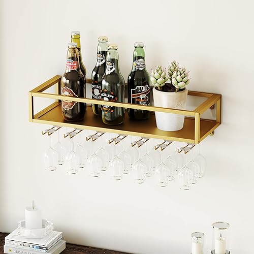 Miniatura 7 de MAIKAILUN Estante de vino montado en la pared dorado con soporte para vidrio, soporte de botella de metal de 30 pulgadas, estante multifuncional de
