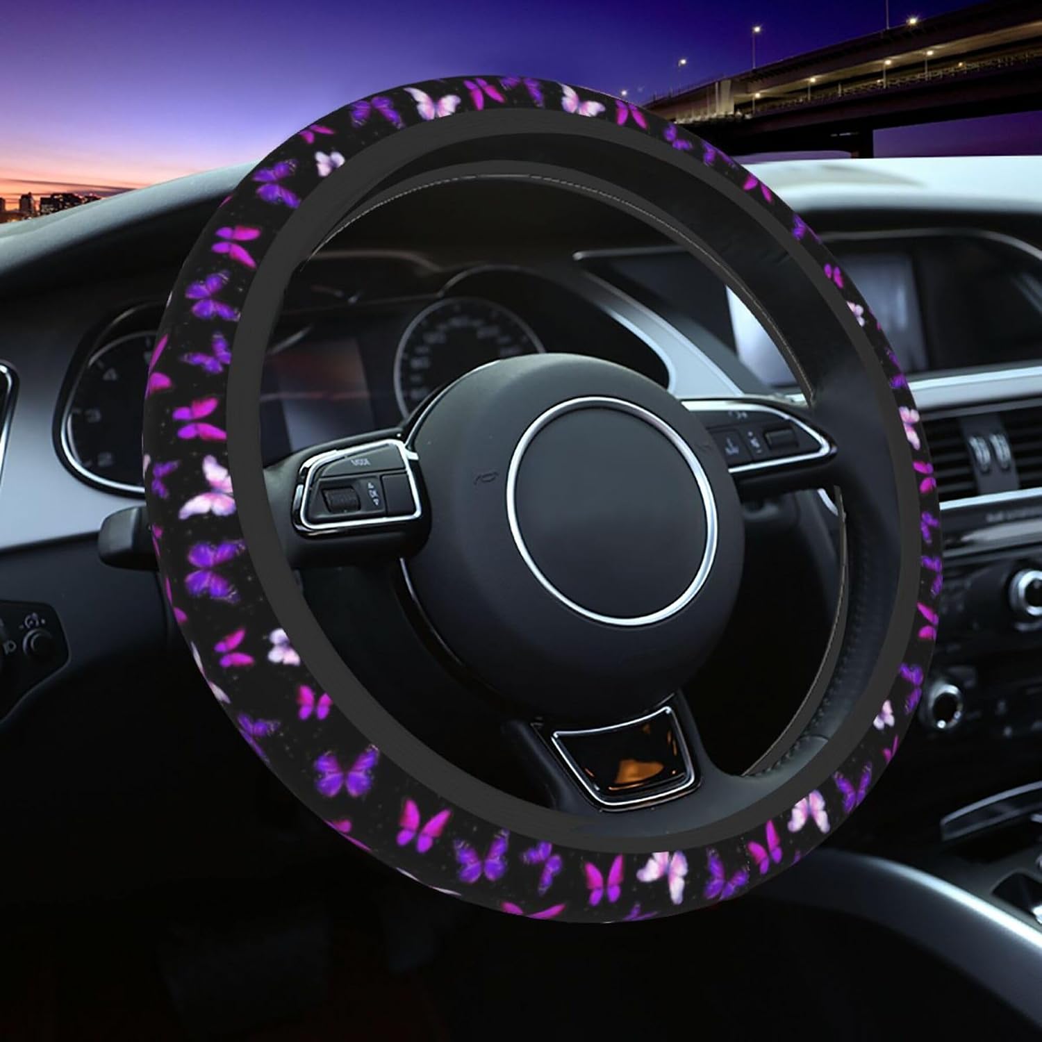 Purple Butterfly Steering Wheel Cover - Beautiful Butterfly Steering Wheel Covers Women Men Girls Car Accessories Decor Anti-Slip Auto Neoprene Universal 15 Inch Steering Wheel Protector