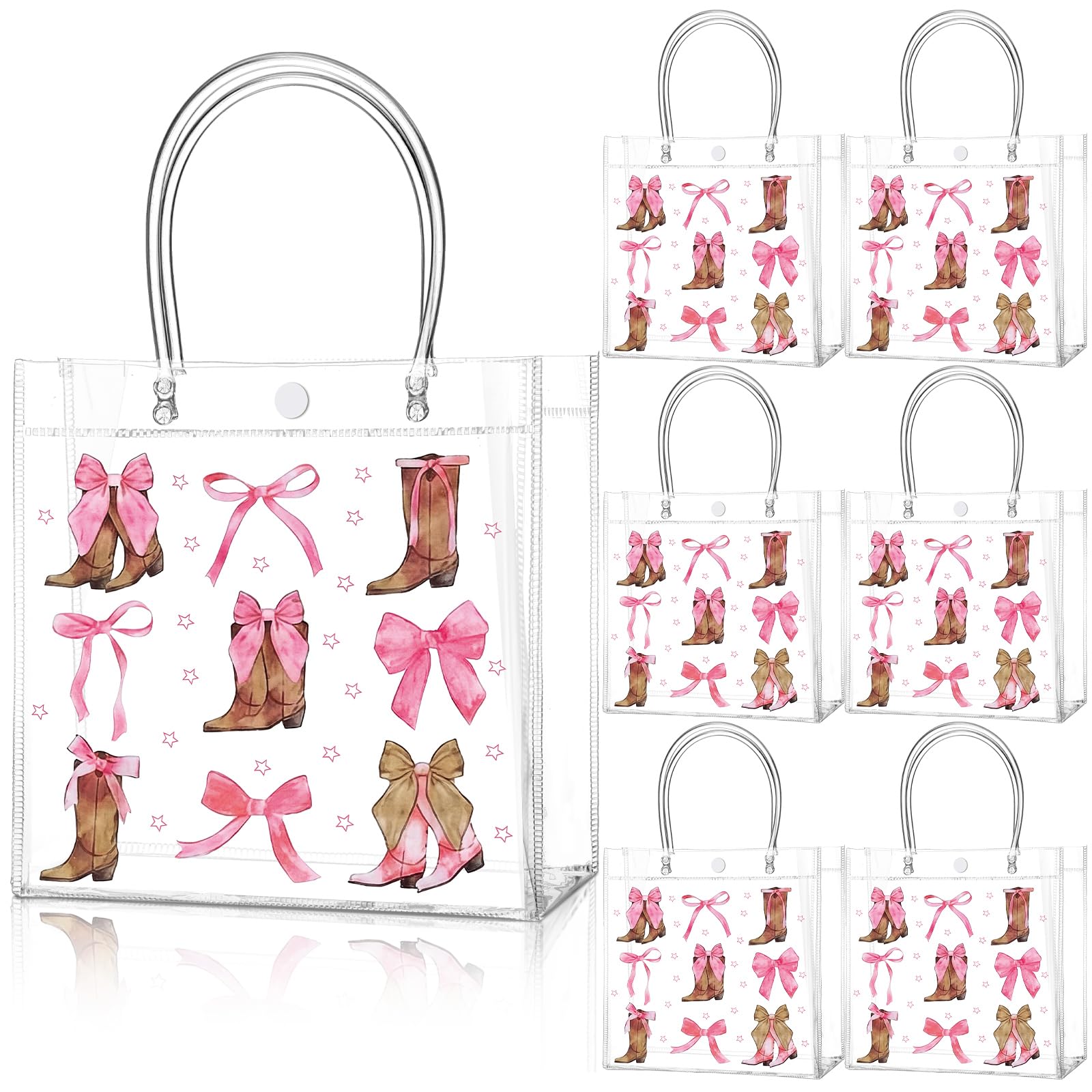 Teenyyou 24 Pcs Coquette Cowgirl Clear Gift Bags Western Boots and Pink Bow Print Transparent Tote Bags, Reusable PVC Handbags for Cowgirl Theme Party, Bachelorette, Birthday, Bridal Shower