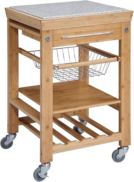 Benjara Spacious Wooden Kitchen Island with Granite Inlaid Top, Wood, Brown and Gray