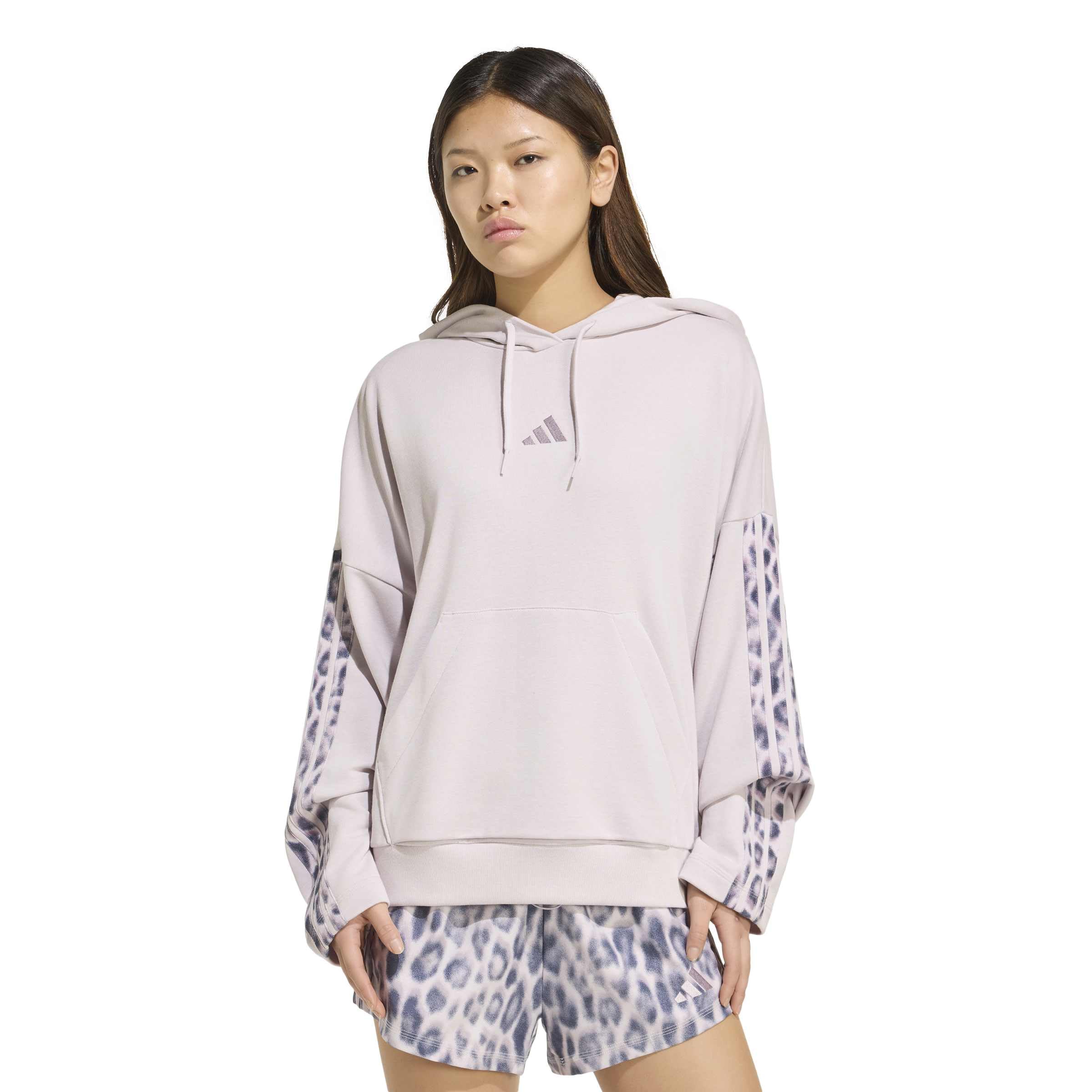 adidas dames Seasonal Essentials Leopard Print French Terry Hoodie with 3-Stripes, ice purple/MULTICOLOR, XL