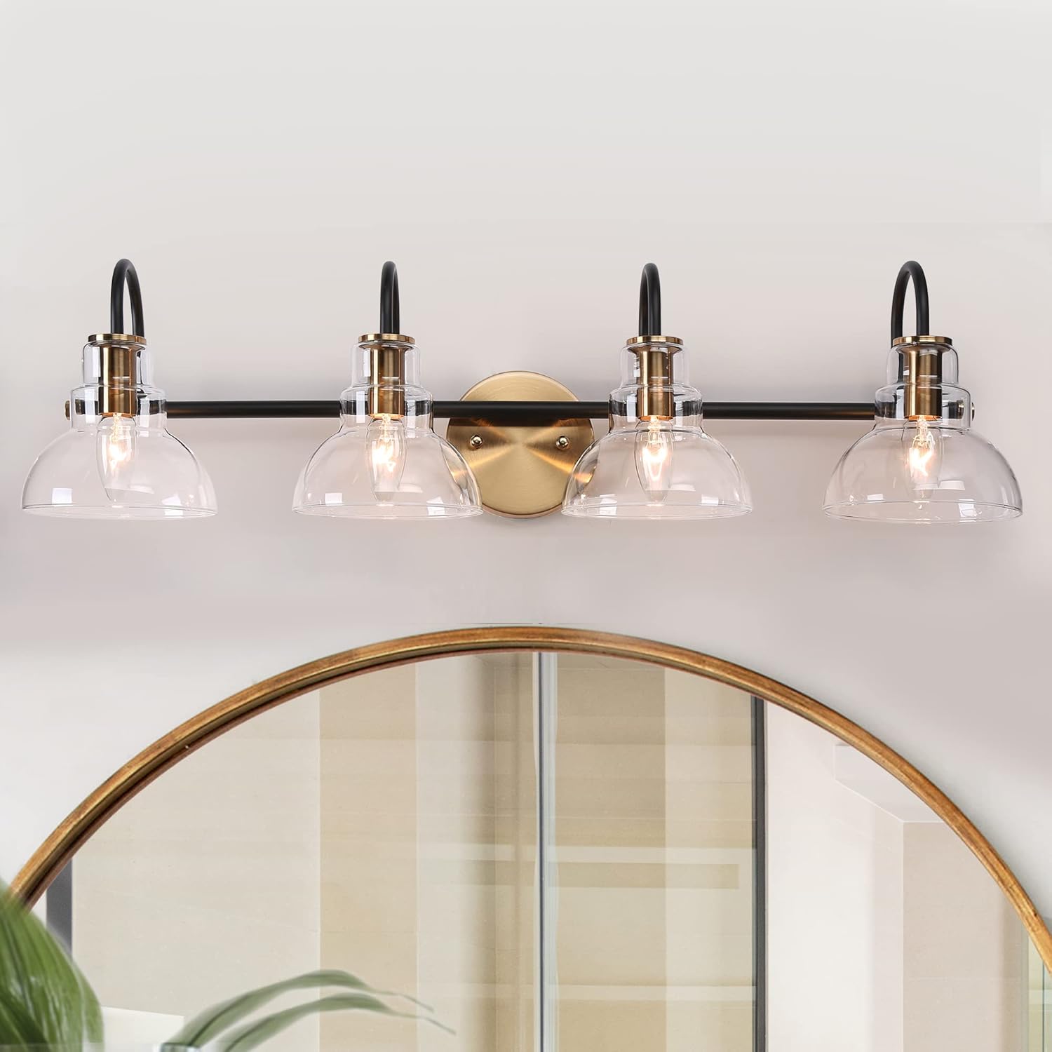 ZEVNI Bathroom Vanity Light, 4-Light Large Bathroom Light Fixtures, Black Gold Vanity Lighting Fixtures with Clear Glass Shades, 29" x 7.5" x 8"