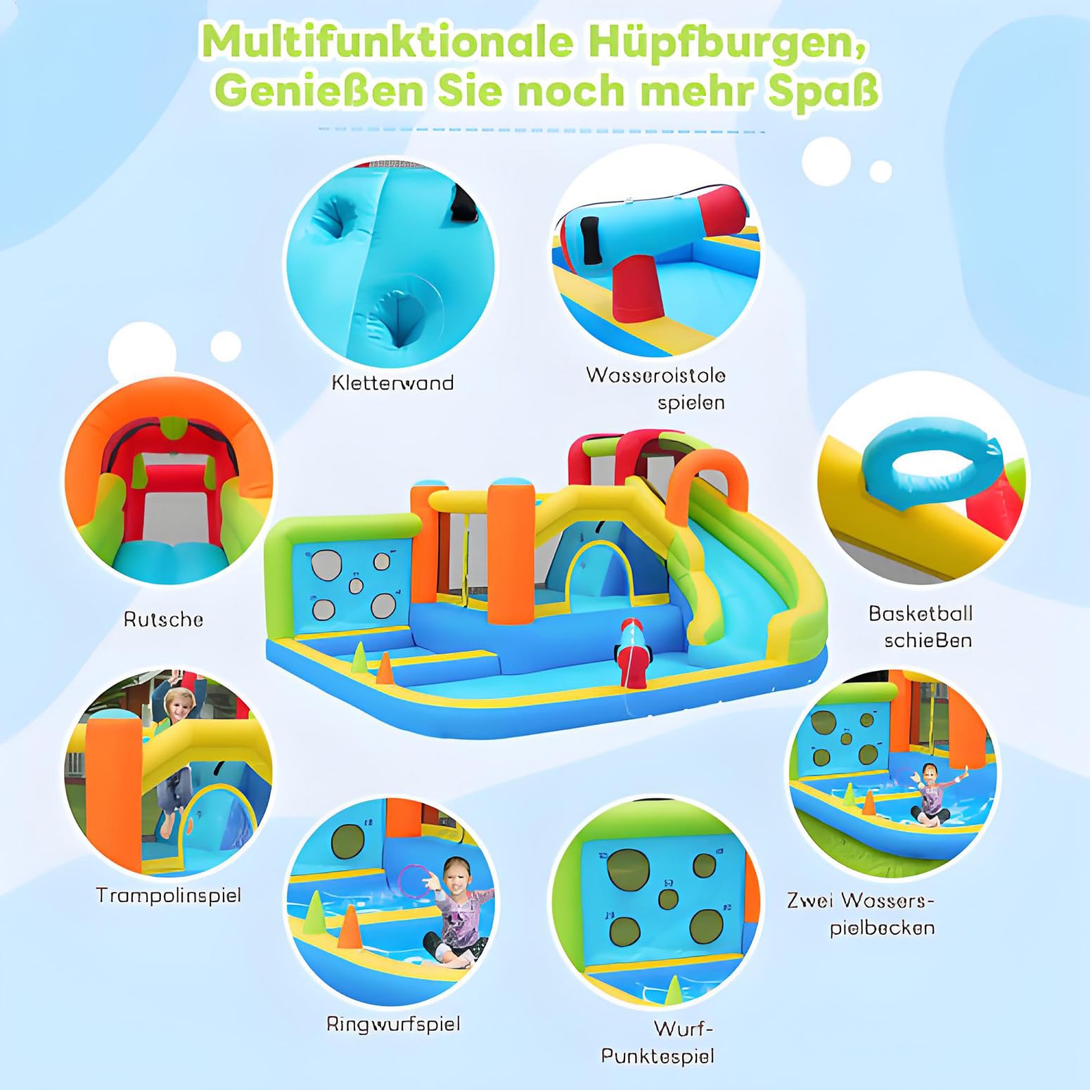 Castillo Hinchable Parque Acuático Multifuncional + Parque de Trampolines para Niños, Tobogán, Muro de Lanzamiento, Canasta de Baloncesto, Muro de Escalada, Incluye Ventilador de 450W, Carga Máx 180kg