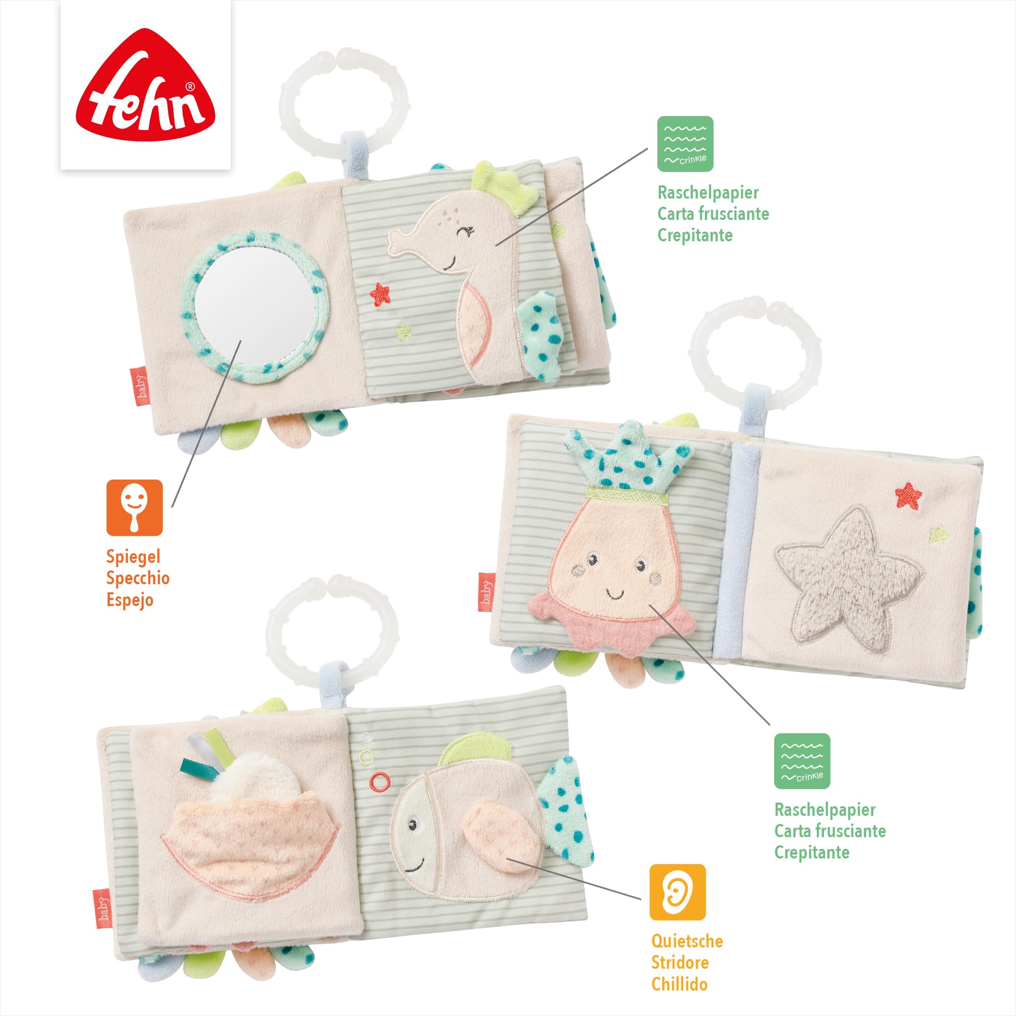 Fehn libro de tela pulpo - Libro táctil de tela con motivos de animales - Juguetes para colgar en el cochecito y la silla de bebé - Para bebés y niños a partir de 0 meses