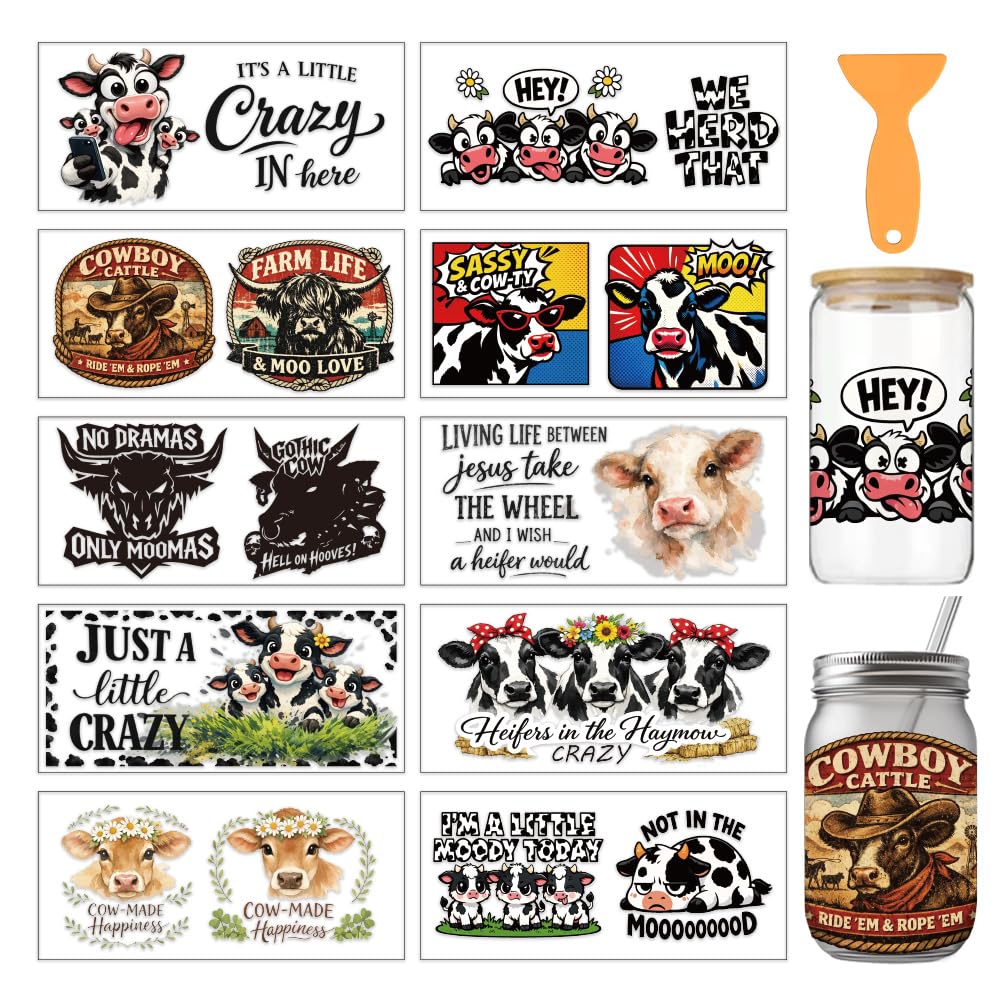 arricraft 10 Sheets UV DTF Cup Wrap for 16OZ Glass, Farm Life Funny Cow Pattern Rub on Decals PVC Transfer Stickers for DIY Cups Wood Funiture 24x11cm/9.4x4.3inch