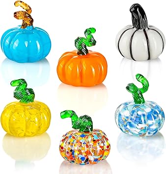 6 Pcs Halloween Hand Blown Glass Pumpkin Decorations, Mini Pumpkins Halloween Pumpkin Figurines, Glass Fruit Decor for Thanksgiving Ornament, Fall Harvest and Collectible Figurine Present