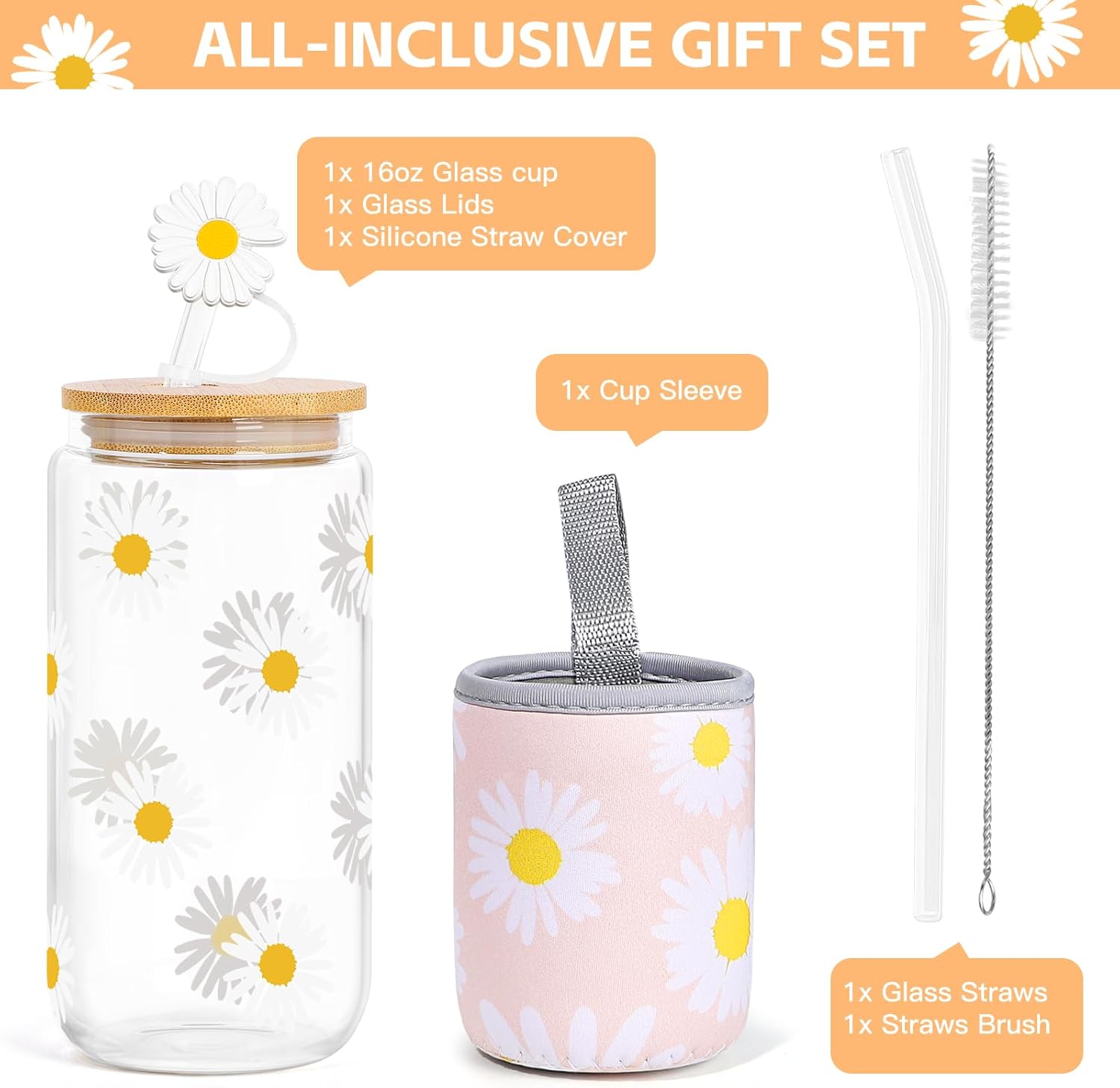 Dosuarue Daisy Aesthetic Cups, Iced Coffee Cup, 16 oz Cute Glass Cups with Lids and Straws - Flower Mug Cup, Drinking Glass Tumbler - Christmas, Birthday Gifts for Women Friend Sister Her - Image 2