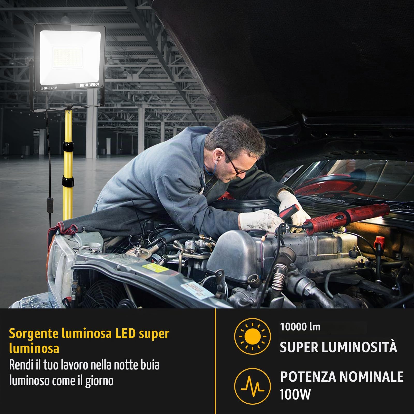 100W Faretto LED da Cantiere con Regolabile Treppiede, Proiettore LED da Lavoro Bianca 6000K, Cavo da 5m, IP66 Faro Led Illuminazione Interna Esterna per Officina Garage
