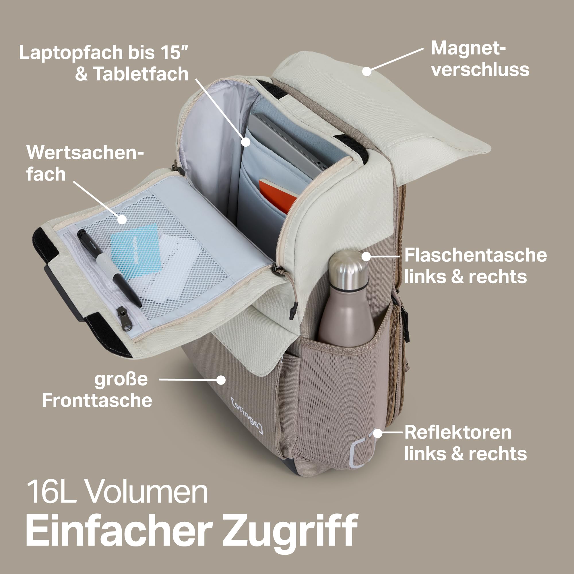 otinga® Flip Move Fahrradtasche Rucksack [16L Volumen] für jeden Gepäckträger I Gepäckträgertasche mit Rucksack - in 7 Sekunden umgebaut I Wasserdichter Fahrradrucksack Gepäckträger (leinen-grau)