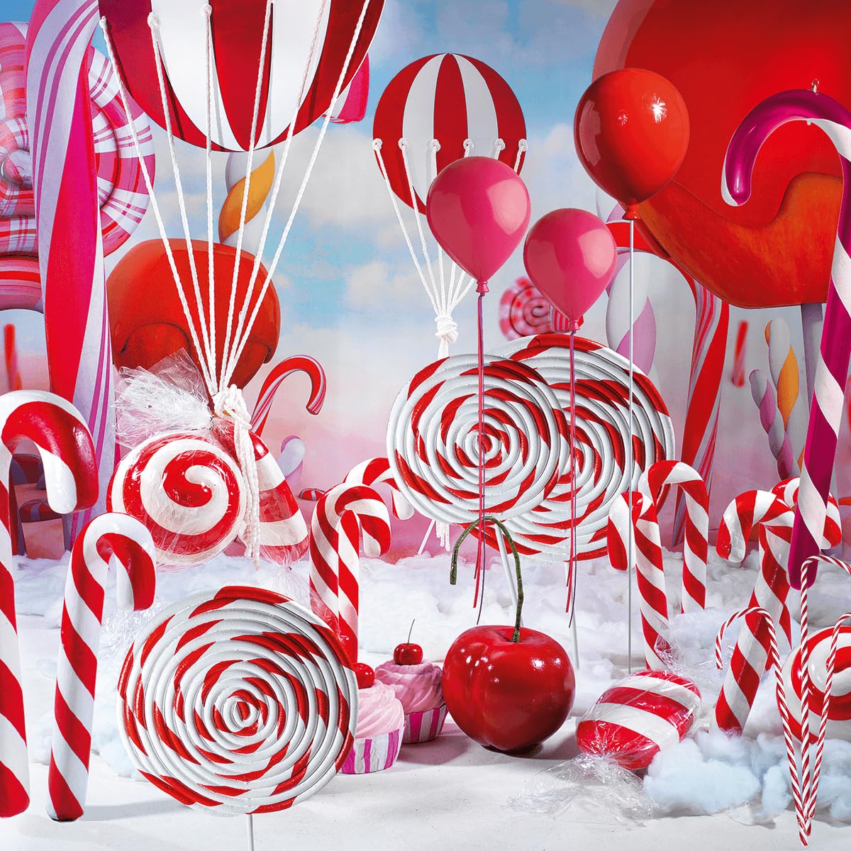 Deko XXL Lolly-Zuckerstangen Lebensmittel-Attrappe, Imitat, Fake Dekoration, rot weiß 70 x 160 cm