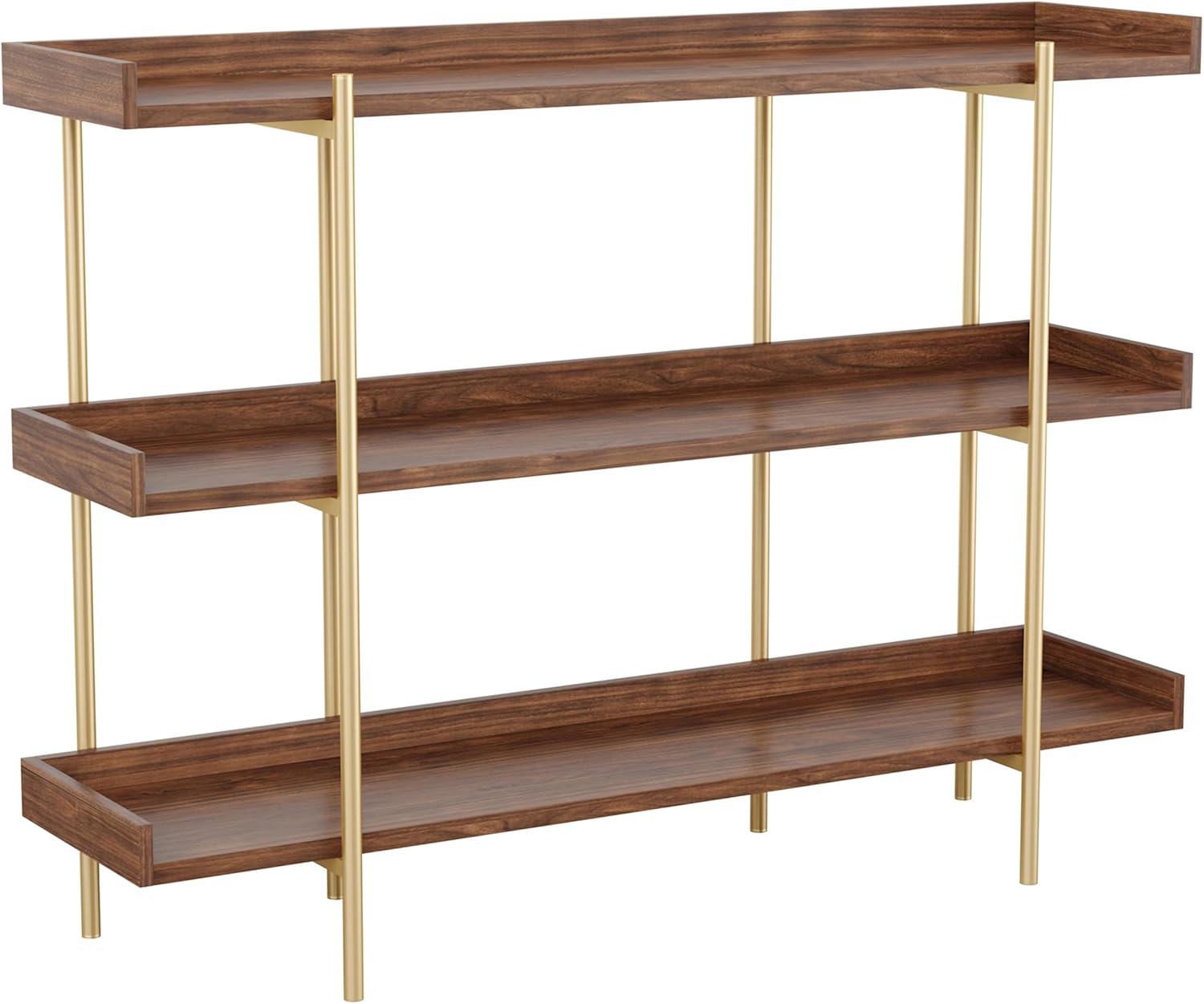 Martha Stewart Emmett 3 Shelf Bookcase with Vertical Metal Frame, Home Office Storage Display Unit, 35" H, Walnut Wood Grain/Polished Brass