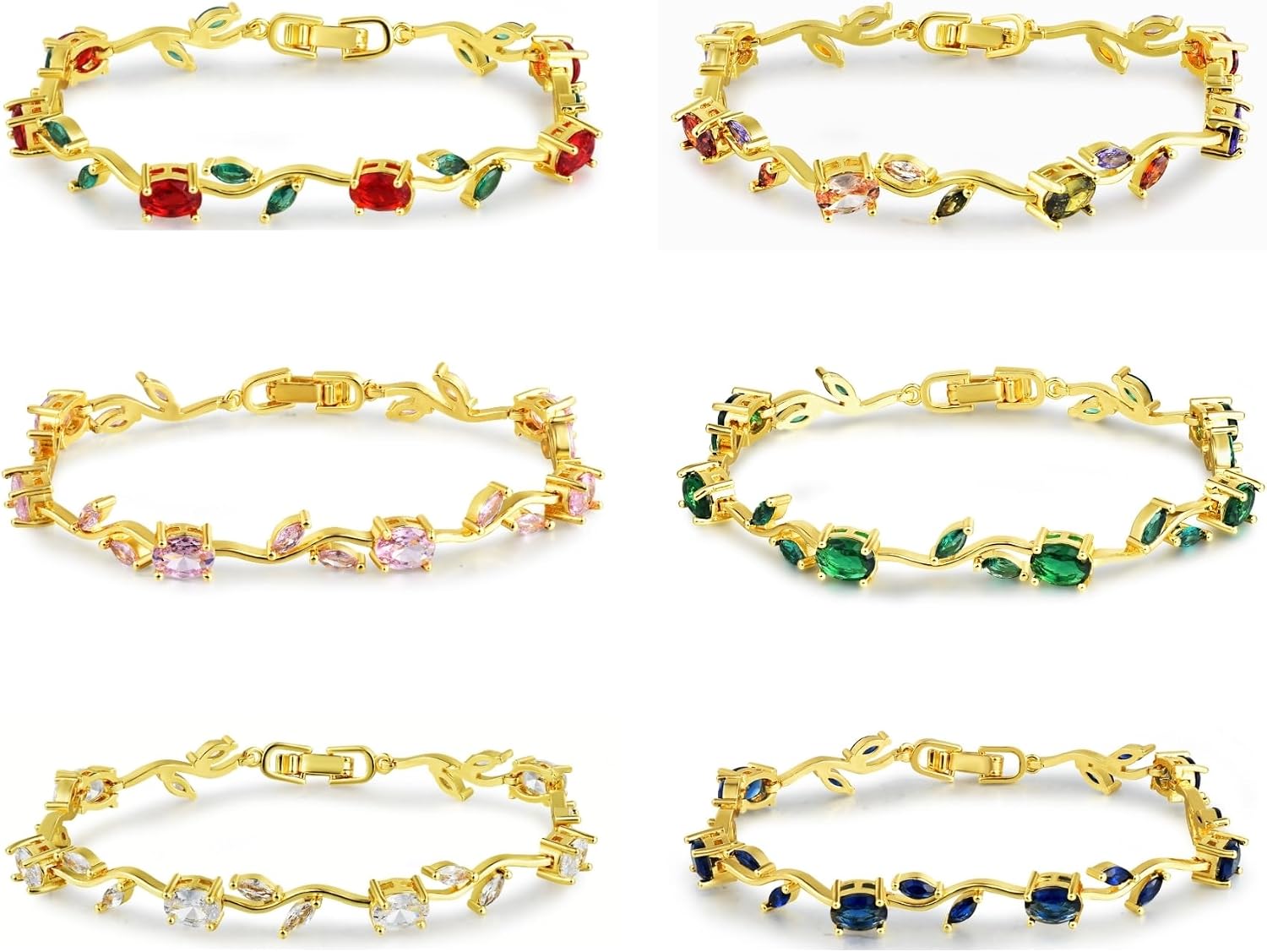 Multicolor Cubic Zirconia Rose Flower Bracelet, 14K Gold Plated Tennis Bracelets for Women, Classic Wedding Bridal Jewelry Gifts for Her Size 7.6 inch