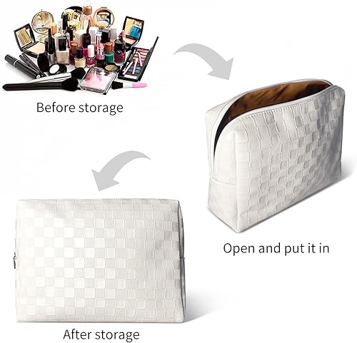 Miniatura 3 de Bolsa de maquillaje a cuadros, bolsa de cosméticos grande de cuero Portabel, bolsa de cosméticos de viaje de gran capacidad para mujeres, diseño