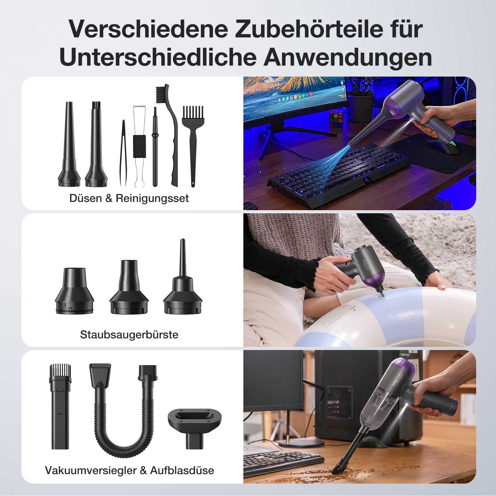MECO ELEVERDE 4-in-1 Handstaubsauger Akku, Elektrische Staubgebläse 130000U/min 3-Gang Auto Staubsauger mit Bürstenloser Motor und LED-Licht, Tastatursauger Druckluftspray für PC, Sofa, Auto (Lila)