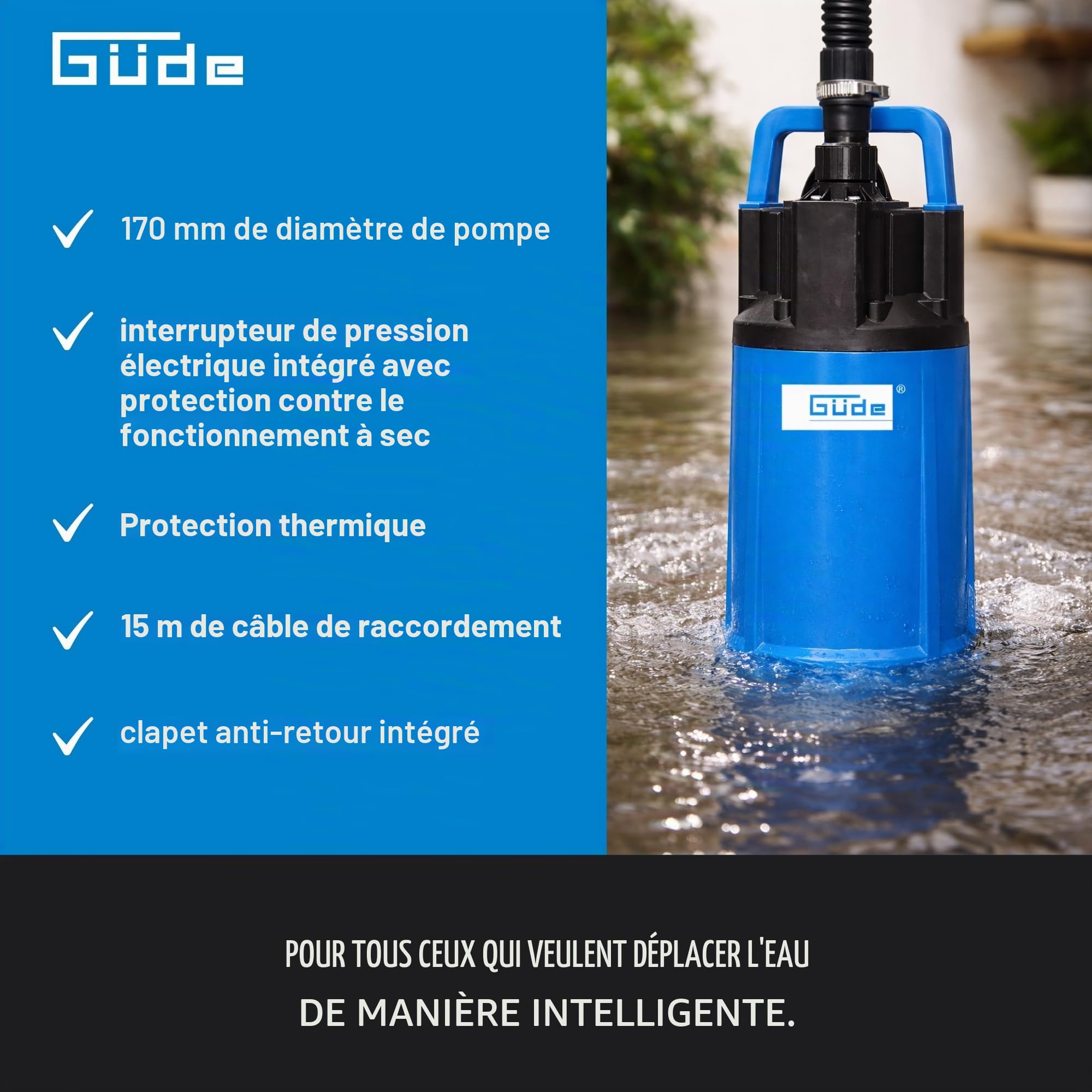 Güde Pompe immergée sous pression GDT 1200 I (1200 W, volume de refoulement : 6000 l/h, hauteur de refoulement max. : 40 m, profondeur d'immersion maximale : 12 m, 4 roues noryll, arbre et pied de