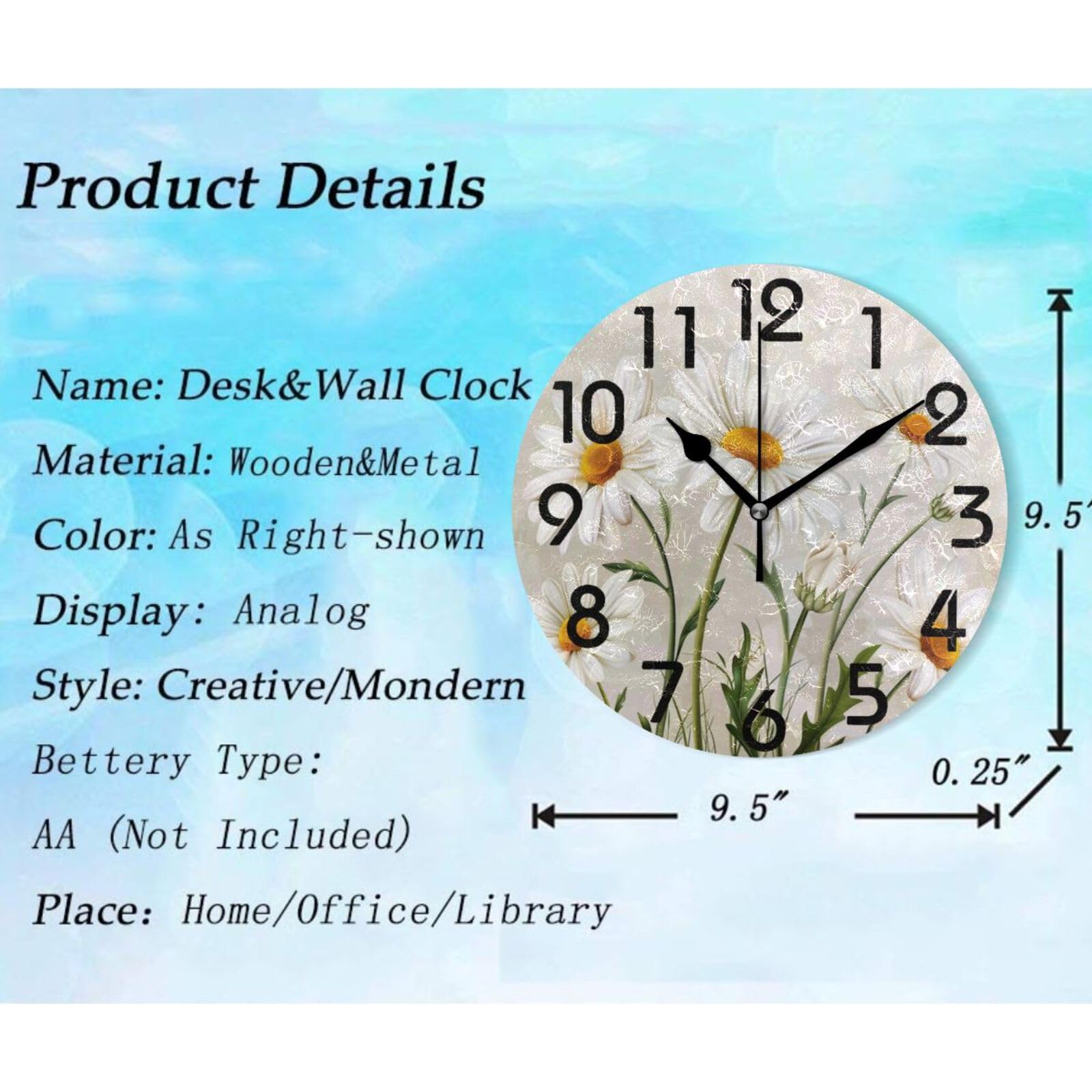 ZzWwR Pretty Blooming White Daisy Flowers Round Wall Clock, 10 Inch Analog Quiet Non Ticking Desk Clock for Home Kitchen/Living Room/Bedroom/Bathroom/Office