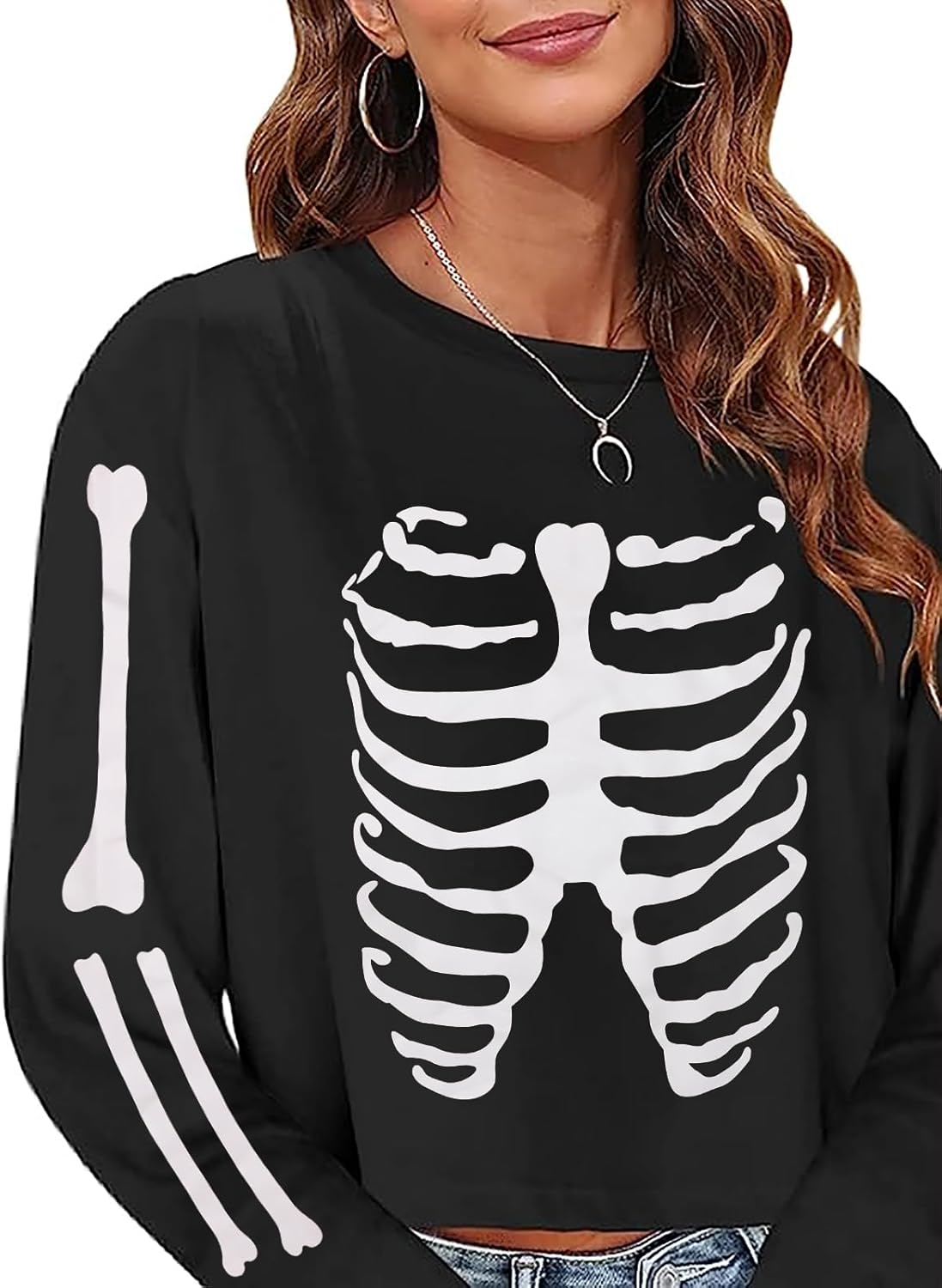 Sumtory Women Halloween Theme Skeleton Print Long Sleeve Sweatshirt Tops