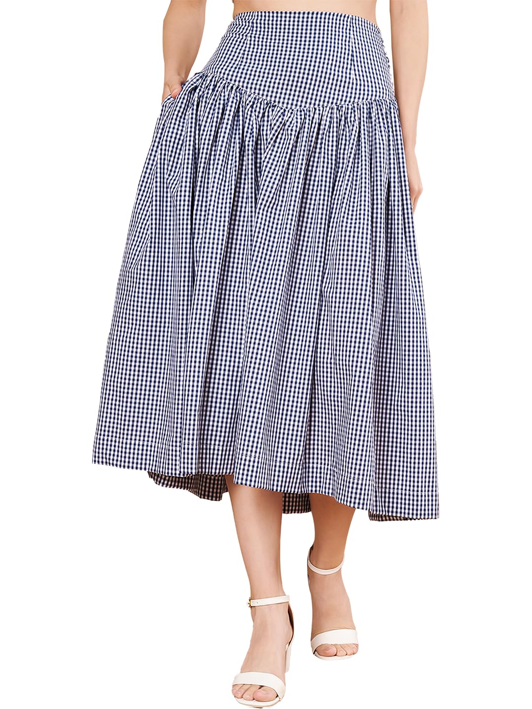 Gingham Check Pleated Midi Skirt for Women, Blue and White-picture-49