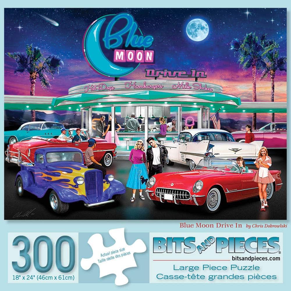 Bits and Pieces – 300 Piece Jigsaw Puzzle for Adults – Blue Moon Drive in - 50's Diner Movie Theater Car Jigsaw Puzzle by Artist Chris Dobrowolski, Completed Puzzle Size: 18" x 24"