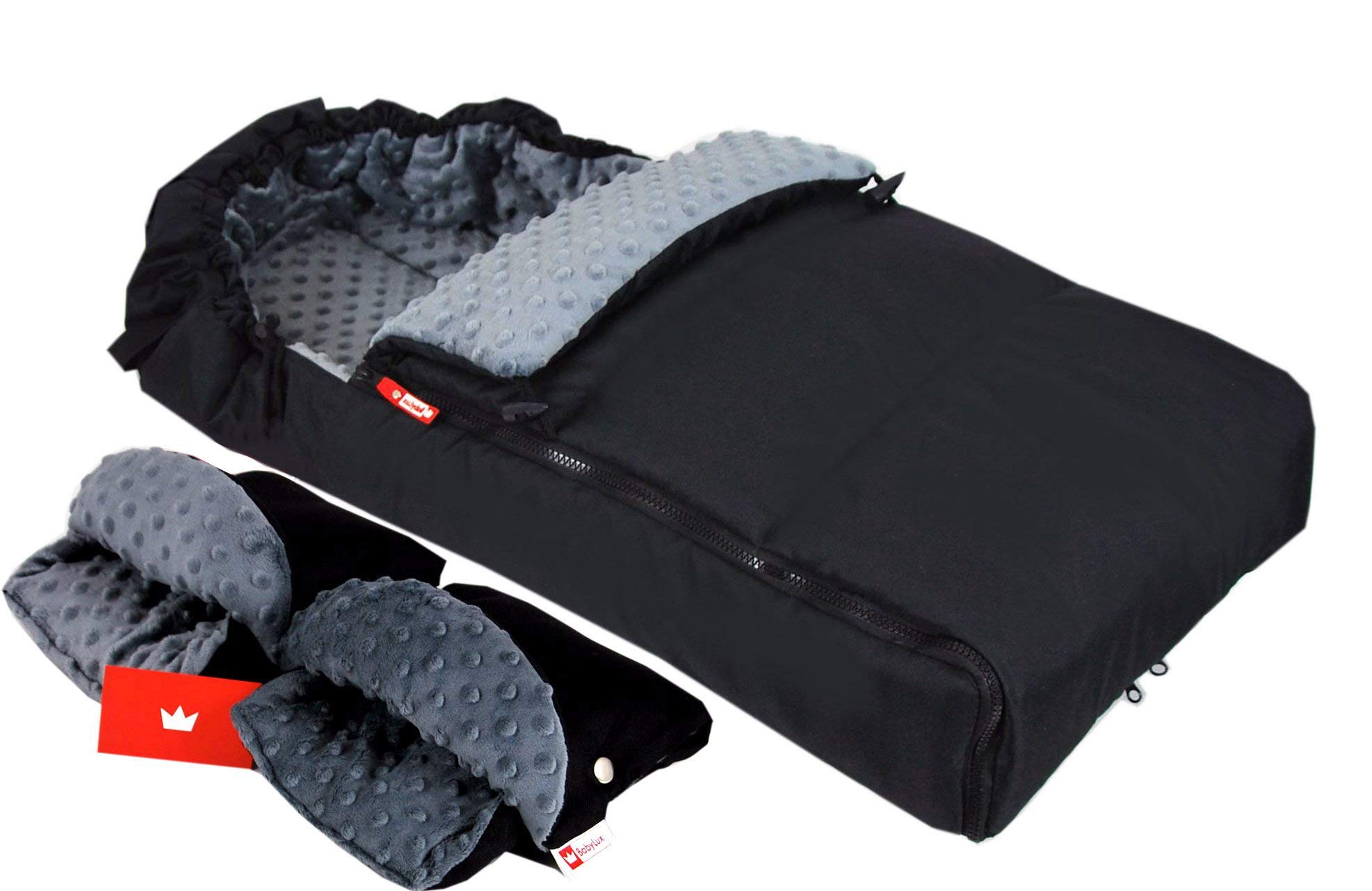 BABYLUX Fußsack 90cm MINKY Kinderwagen Buggy Babyschale Thermo +/ Muff Handmuff (Schwarz + Grau mit Handmuff)