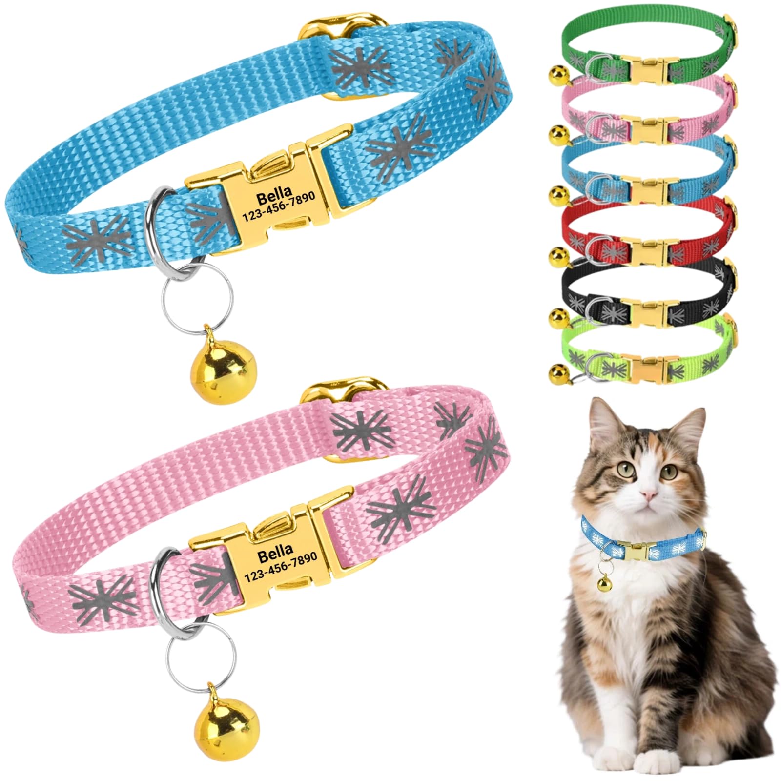 2 Pack Personalised Cat Collar with Custom Engraved Name Tag Quick Release Metal Buckle Reflective Kitten Collar with Bell Adjustable 19-29cm for Boys and Girls (Blue+Pink) โ image 1
