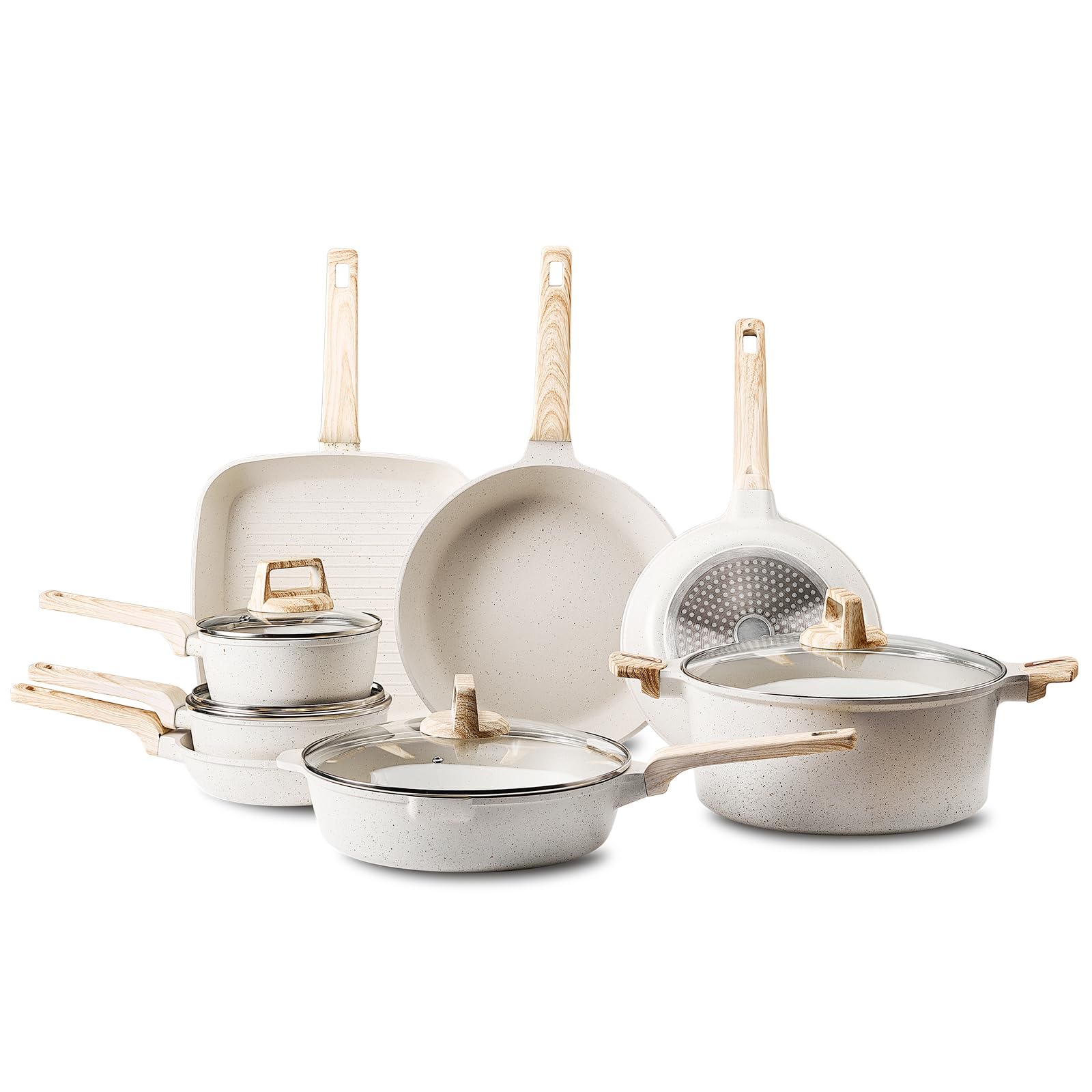 VEVOR Set di Pentole, Padelle Antiaderenti in Granito con Manico, Set di Pentole a Induzione da Cucina per Camper, con Frittura, Coperchi in Vetro Temperato, Bianco 19 Pezzi